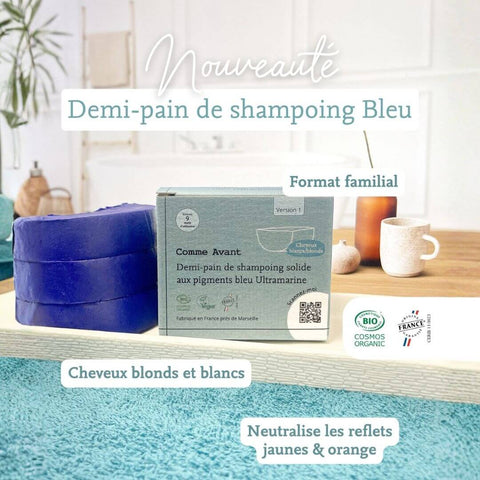 Nouveauté : demi-pain de shampoing bleu pour cheveux blonds et blancs