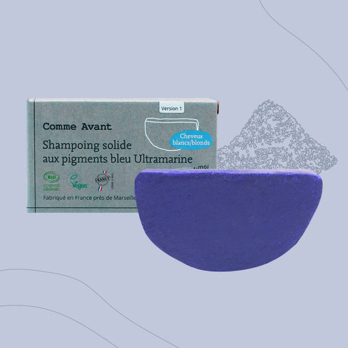 Shampoing solide cheveux blonds blancs aux pigments bleu Ultramarine - Version 1