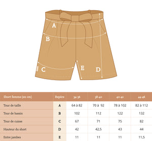 Guide des tailles du short en coton comme avant