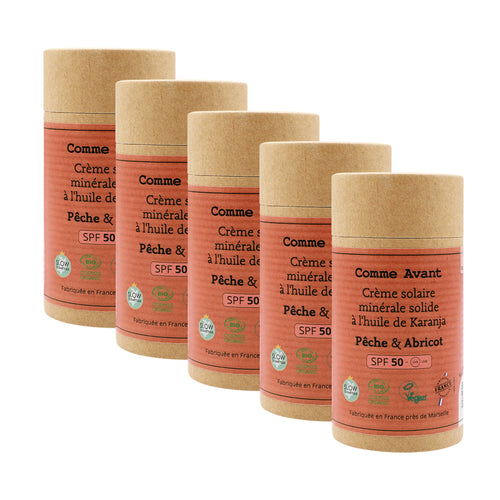 Crème solaire, pêché, abricot, protection 50 comme avant
