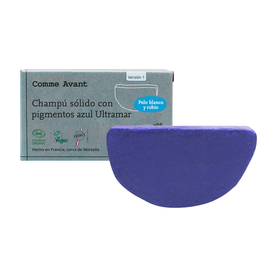 Champú sólido con pigmentos azul Ultramar Pelo blanco y rubio