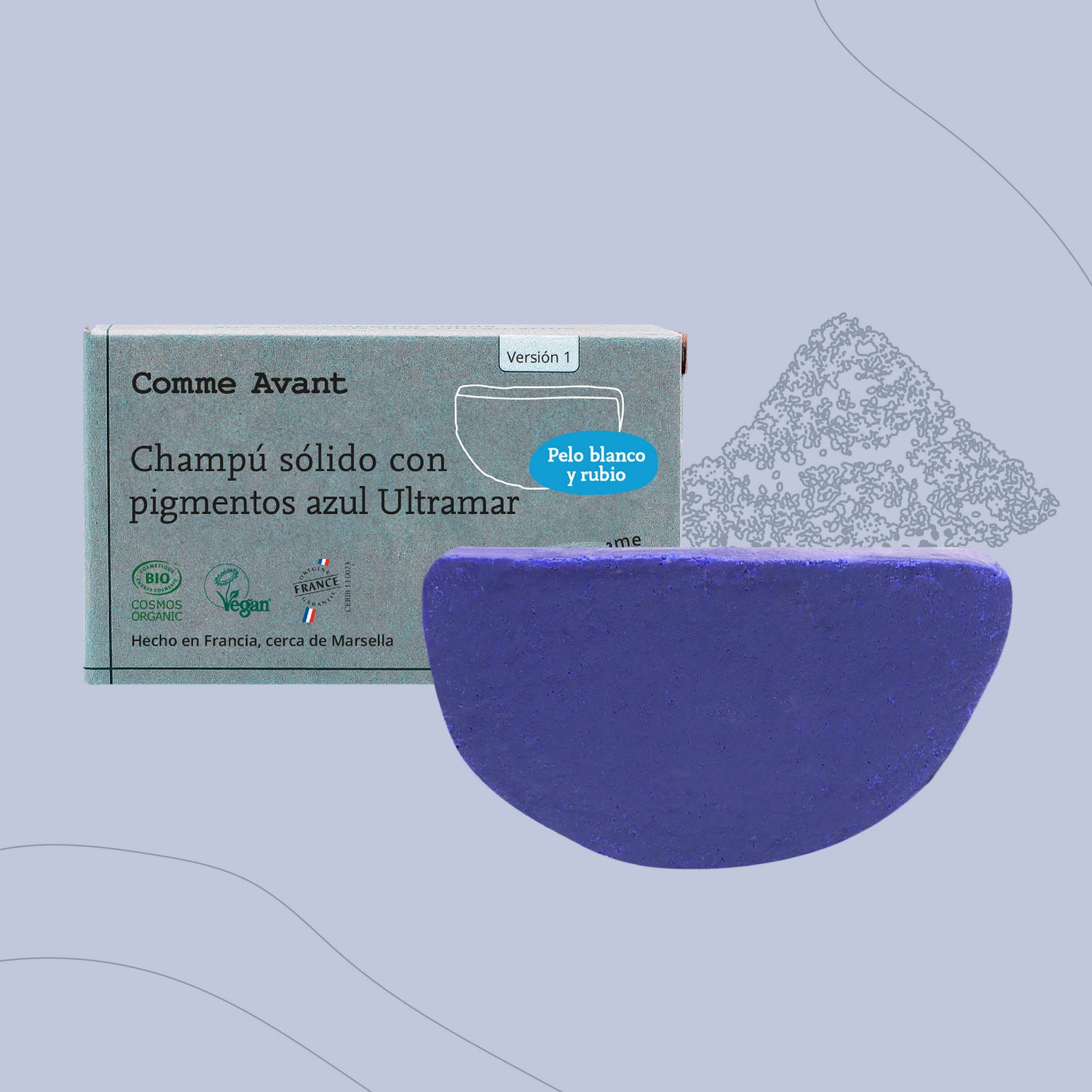 Champú sólido con pigmentos azul Ultramar Pelo blanco y rubio