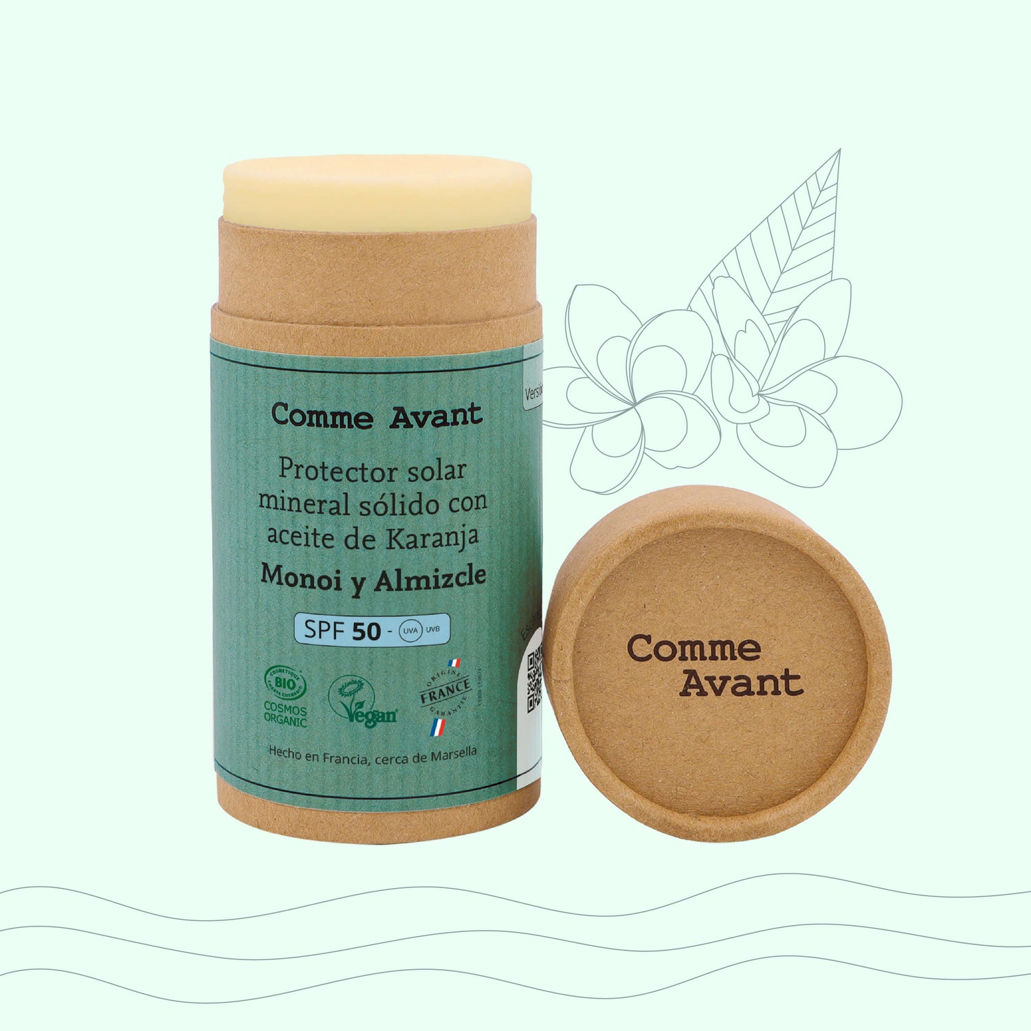Protector solar mineral sólido con aceite de Karanja Monoi y Almizcle SPF50 Comme Avant