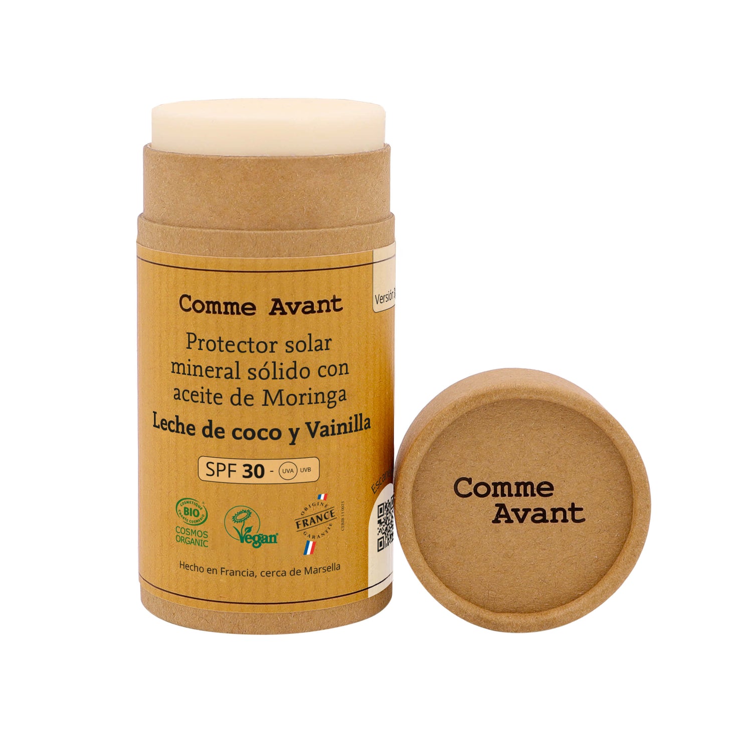 Protector solar mineral sólido con aceite de Moringa Leche de coco y Vainilla SPF30 Comme Avant