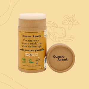 Protector solar mineral sólido con aceite de Moringa Leche de coco y Vainilla SPF30 Comme Avant