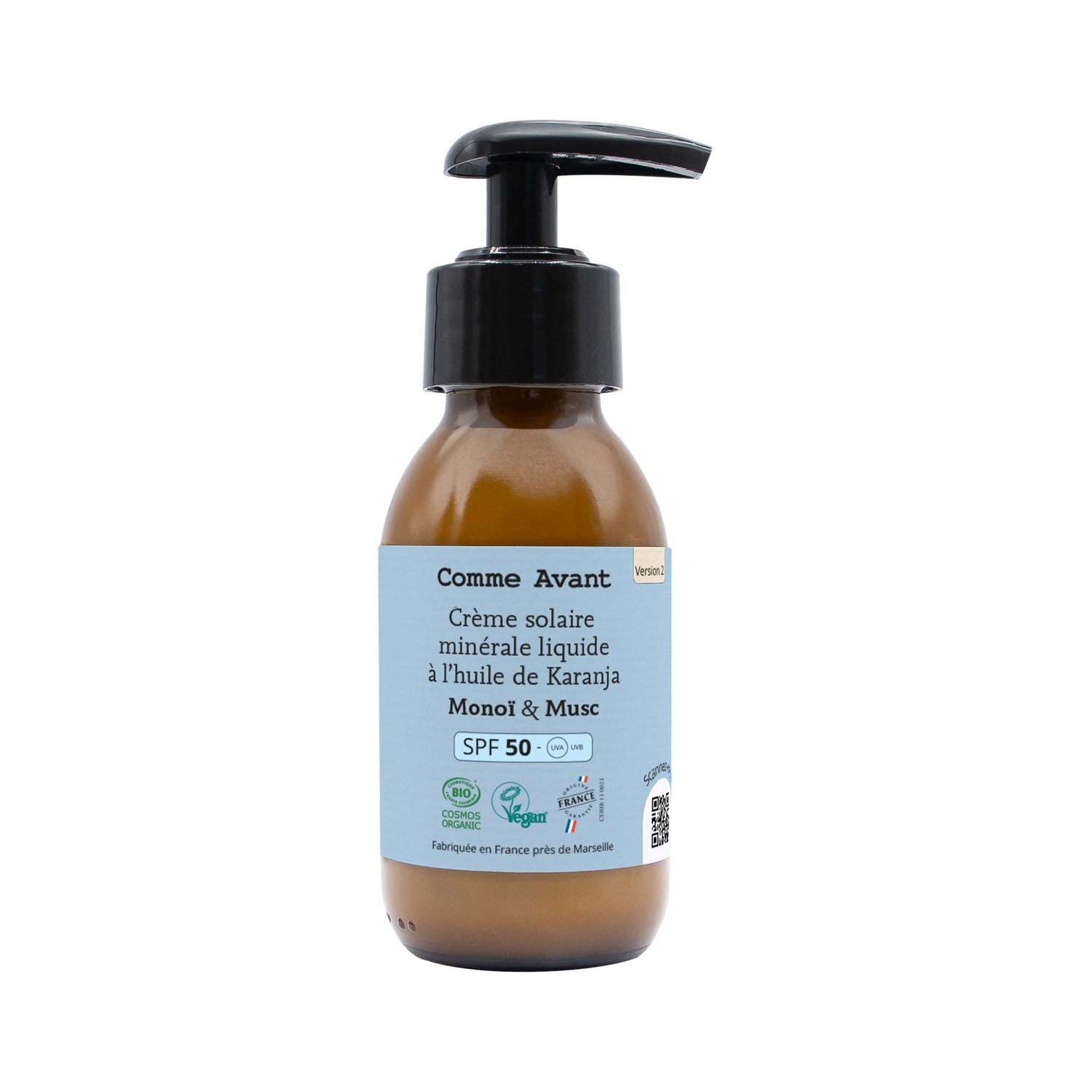 Crème solaire minerale liquide SPF50 monoi et musc