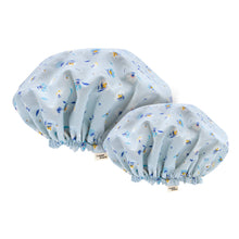 Charlotte de bain en coton biologique imperméable comme avant motif bleu fleuri lot de 2 taille enfant et adulte