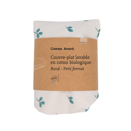 Couvre-plat lavable en coton biologique comme avant rond petit format motif feuilles d'olivier