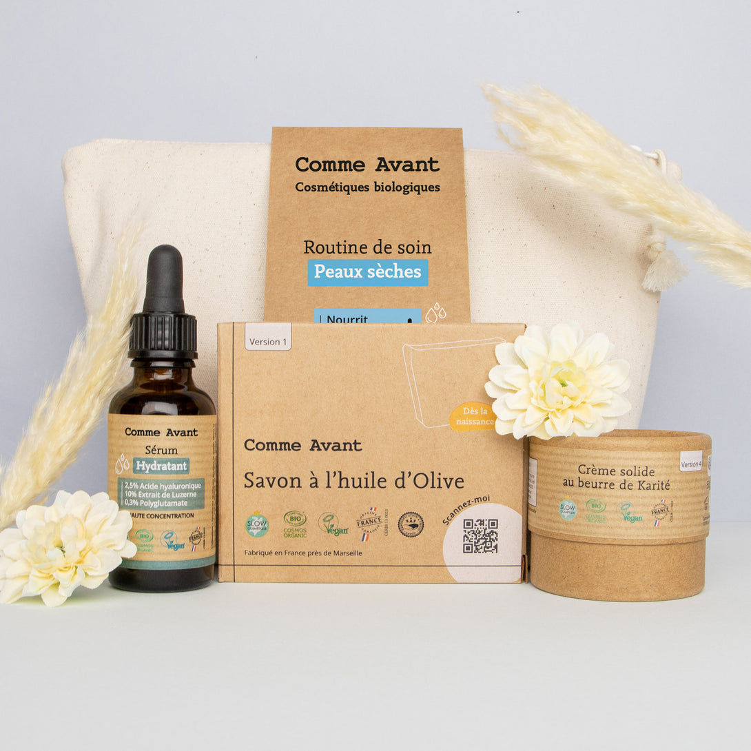 routine de soin pour peaux sèches et déshydratée avec trois produits comme avant
