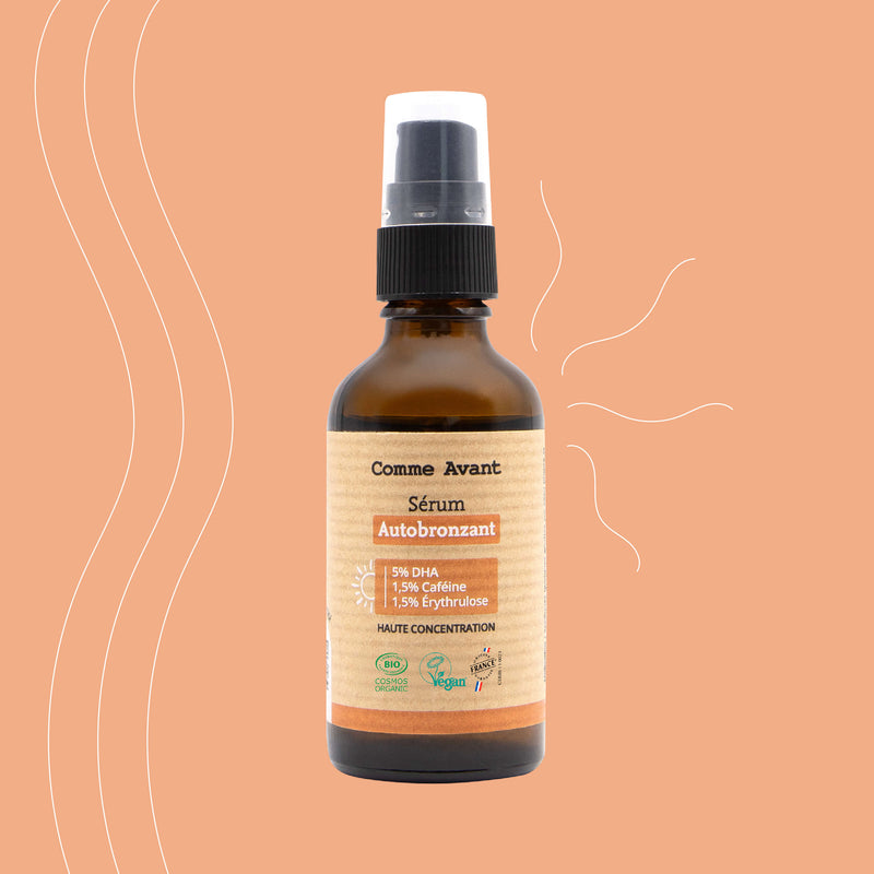 Sérum autobronzant comme avant à haute concentration d'actifs naturels pour un bronzage progressif et naturel toute l'année