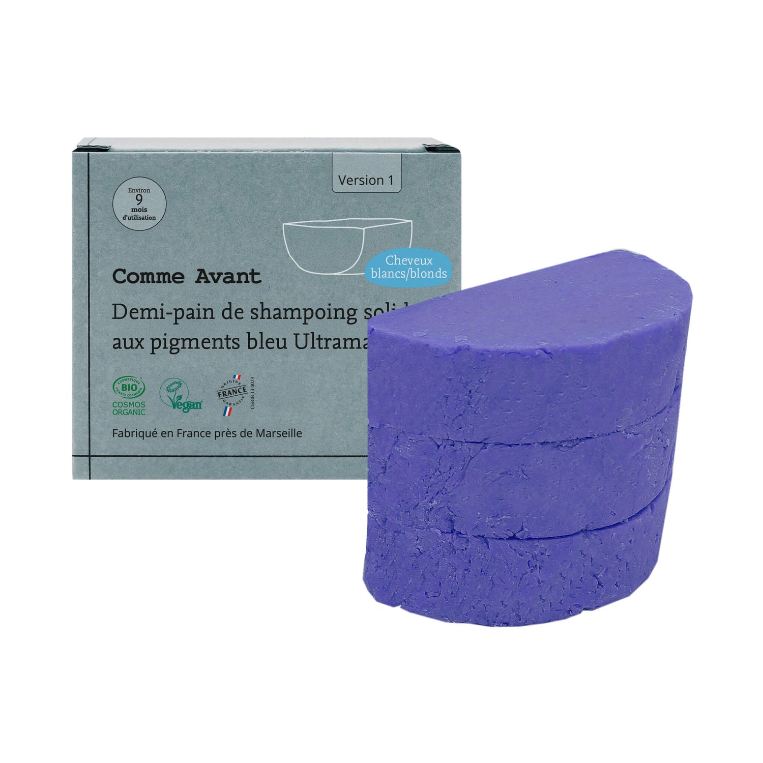 Shampoing solide cheveux blonds blancs aux pigments bleu Ultramarine - Version 1