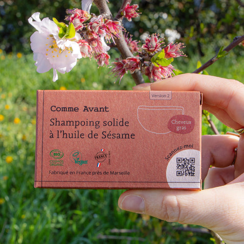 Shampoing solide pour cheveux gras à l'huile de sésame comme avant